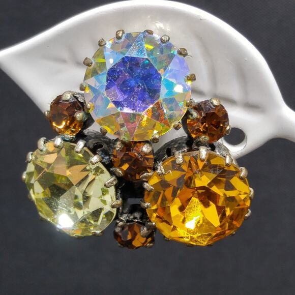 Karu Arke 1950s Austrian Rhinestone Earrings Topaz Aurora Borealis Vintage - Picture 5 of 10